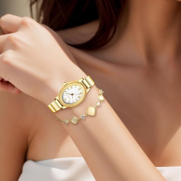 Women's Gold Watch with Stainless Steel Expansion Band Oval Case Roman Dial - Picture 6 of 6